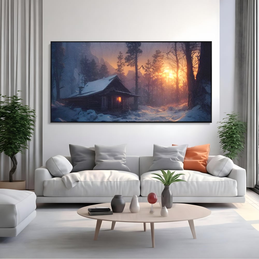 Tablou Canvas Premium LuxCanva® D1013, Cabana din Povesti , Cabana, Lemn, Apus, Mister, Magie, Living Room, Culori vibrante