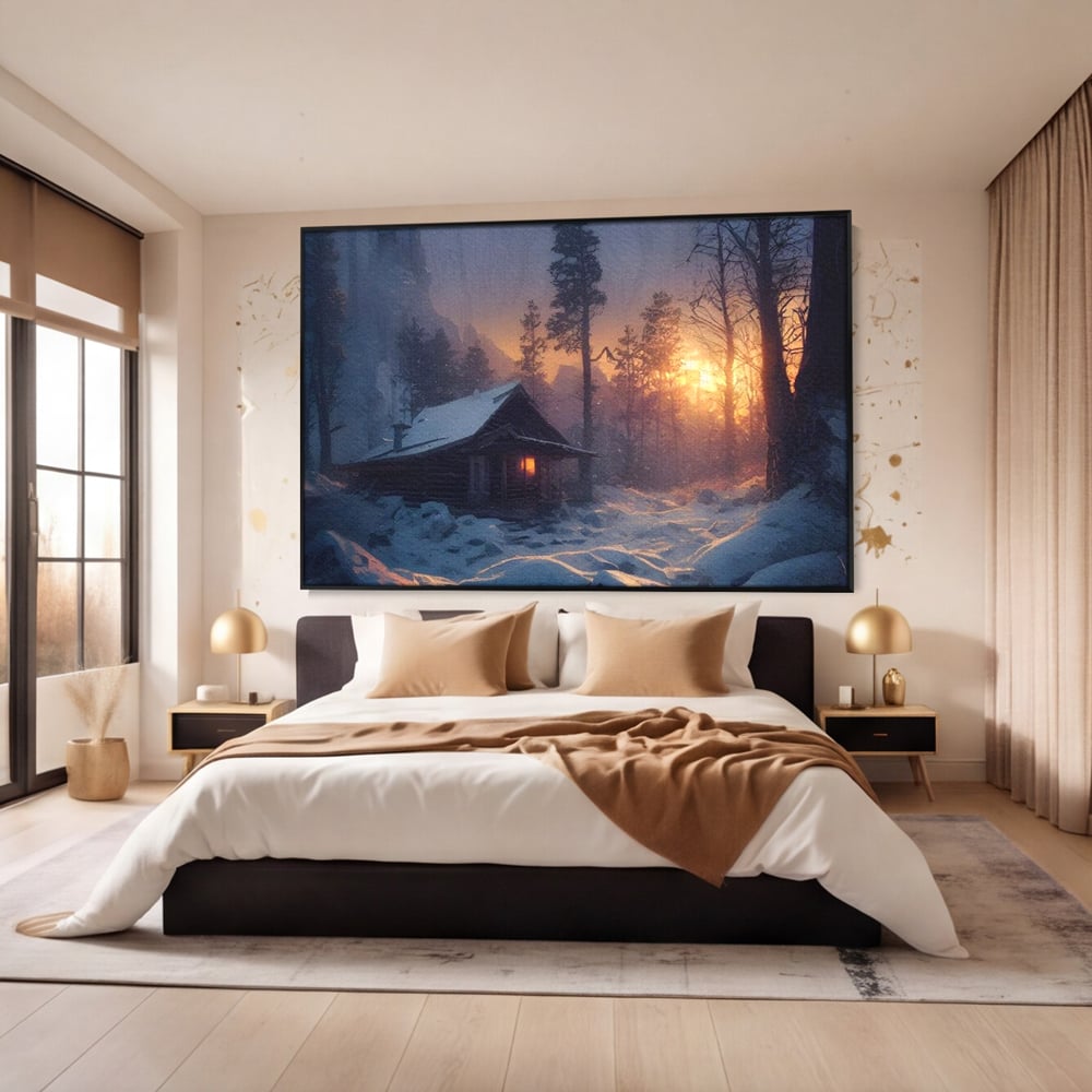 Tablou Canvas Premium LuxCanva® D1013, Cabana din Povesti , Cabana, Lemn, Apus, Mister, Magie, Living Room, Culori vibrante