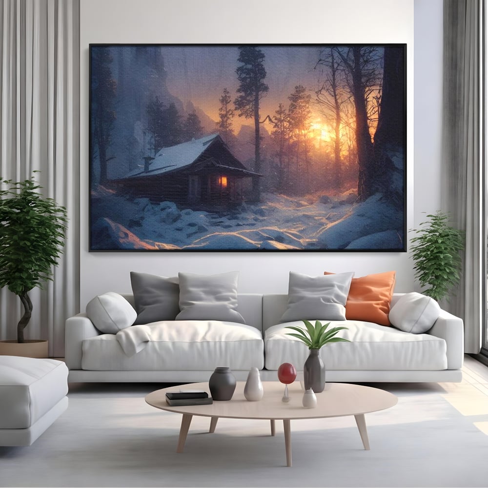 Tablou Canvas Premium LuxCanva® D1013, Cabana din Povesti , Cabana, Lemn, Apus, Mister, Magie, Living Room, Culori vibrante