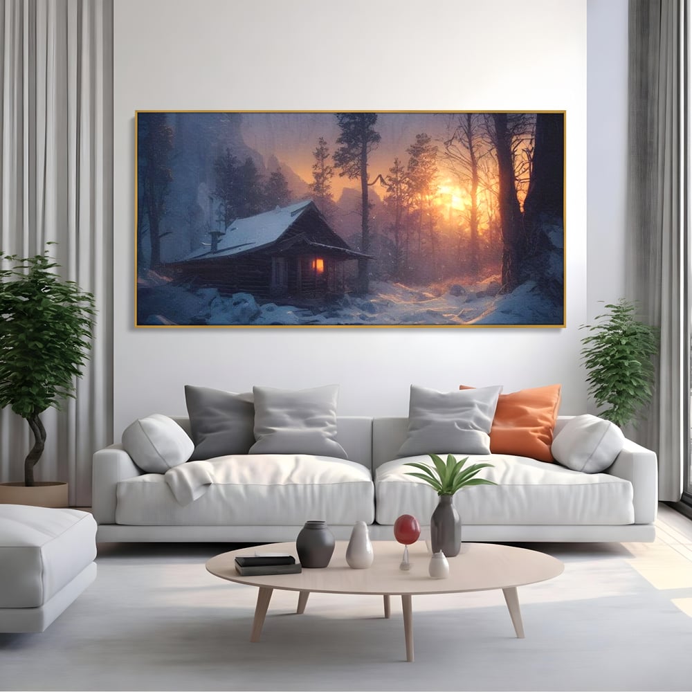 Tablou Canvas Premium LuxCanva® D1013, Cabana din Povesti , Cabana, Lemn, Apus, Mister, Magie, Living Room, Culori vibrante
