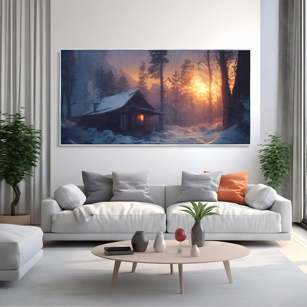 Tablou Canvas Premium LuxCanva® D1013, Cabana din Povesti , Cabana, Lemn, Apus, Mister, Magie, Living Room, Culori vibrante