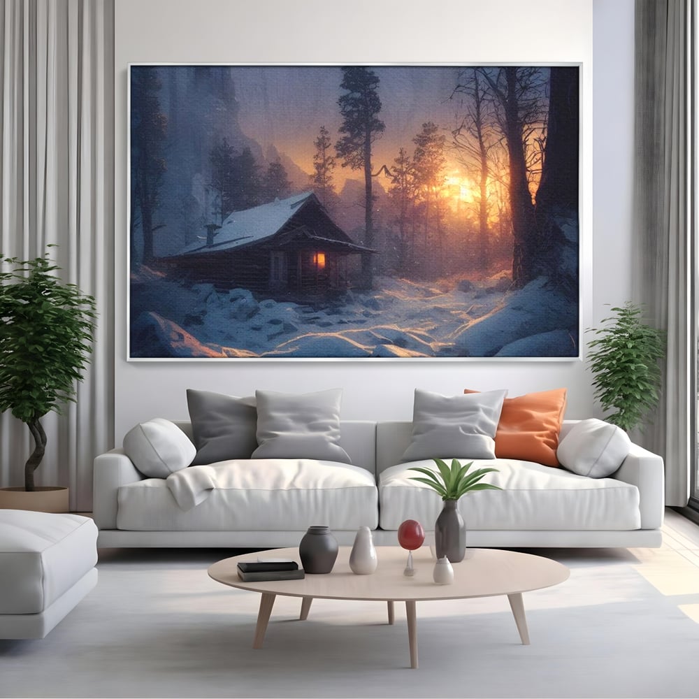 Tablou Canvas Premium LuxCanva® D1013, Cabana din Povesti , Cabana, Lemn, Apus, Mister, Magie, Living Room, Culori vibrante