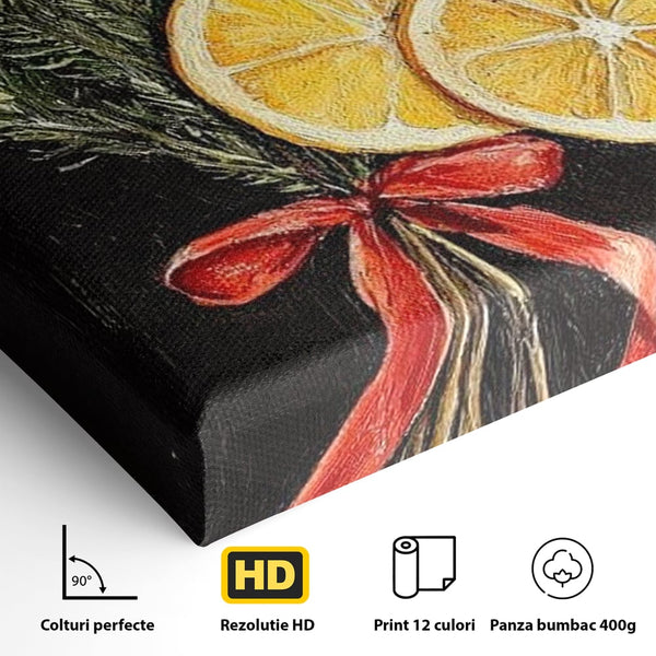 Tablou Canvas Premium LuxCanva® D1015, Ramuri Aromate de Brad , Ramuri, Brad, Portocale, Miros, Living Room, Culori vibrante