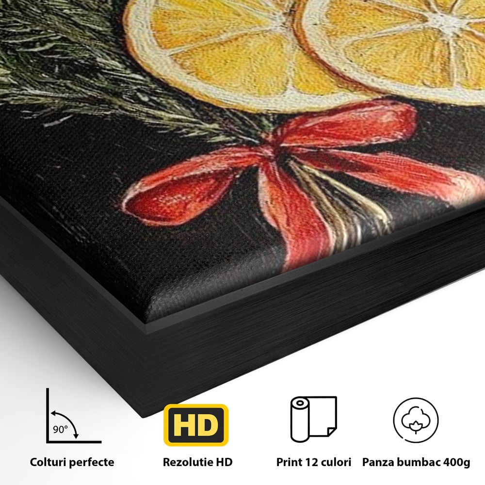 Tablou Canvas Premium LuxCanva® D1015, Ramuri Aromate de Brad , Ramuri, Brad, Portocale, Miros, Living Room, Culori vibrante