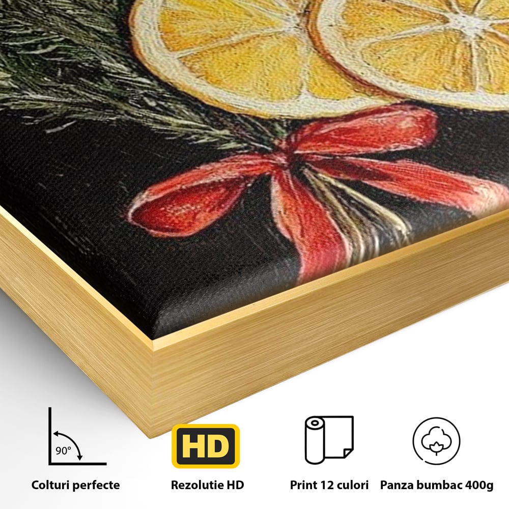 Tablou Canvas Premium LuxCanva® D1015, Ramuri Aromate de Brad , Ramuri, Brad, Portocale, Miros, Living Room, Culori vibrante