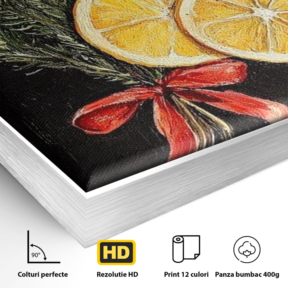 Tablou Canvas Premium LuxCanva® D1015, Ramuri Aromate de Brad , Ramuri, Brad, Portocale, Miros, Living Room, Culori vibrante