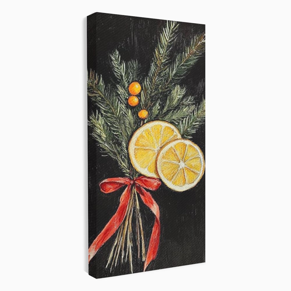 Tablou Canvas Premium LuxCanva® D1015, Ramuri Aromate de Brad , Ramuri, Brad, Portocale, Miros, Living Room, Culori vibrante
