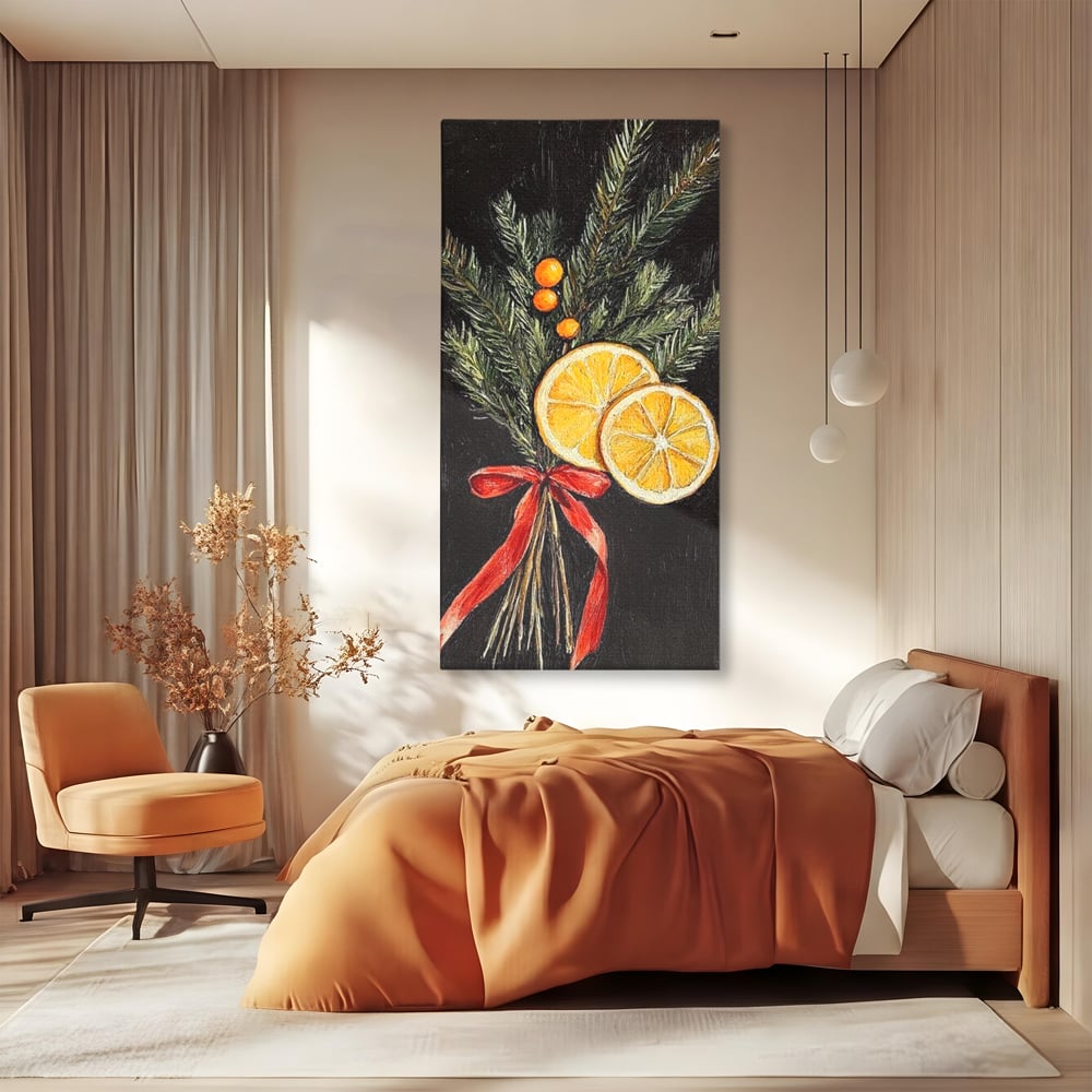 Tablou Canvas Premium LuxCanva® D1015, Ramuri Aromate de Brad , Ramuri, Brad, Portocale, Miros, Living Room, Culori vibrante