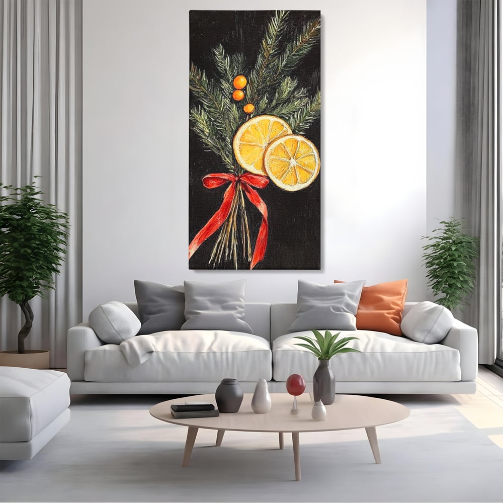Tablou Canvas Premium LuxCanva® D1015, Ramuri Aromate de Brad , Ramuri, Brad, Portocale, Miros, Living Room, Culori vibrante