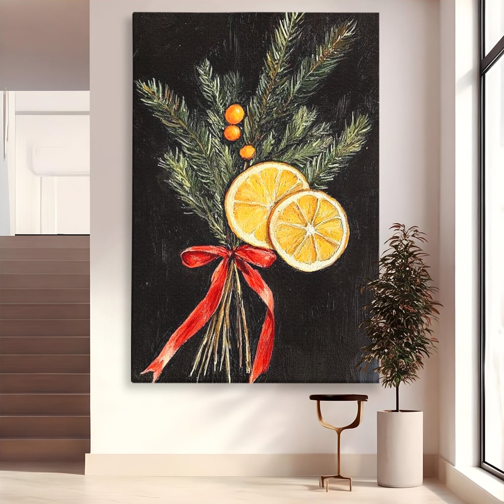 Tablou Canvas Premium LuxCanva® D1015, Ramuri Aromate de Brad , Ramuri, Brad, Portocale, Miros, Living Room, Culori vibrante