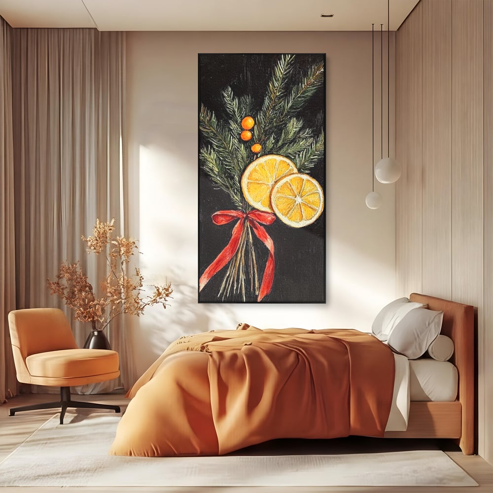 Tablou Canvas Premium LuxCanva® D1015, Ramuri Aromate de Brad , Ramuri, Brad, Portocale, Miros, Living Room, Culori vibrante