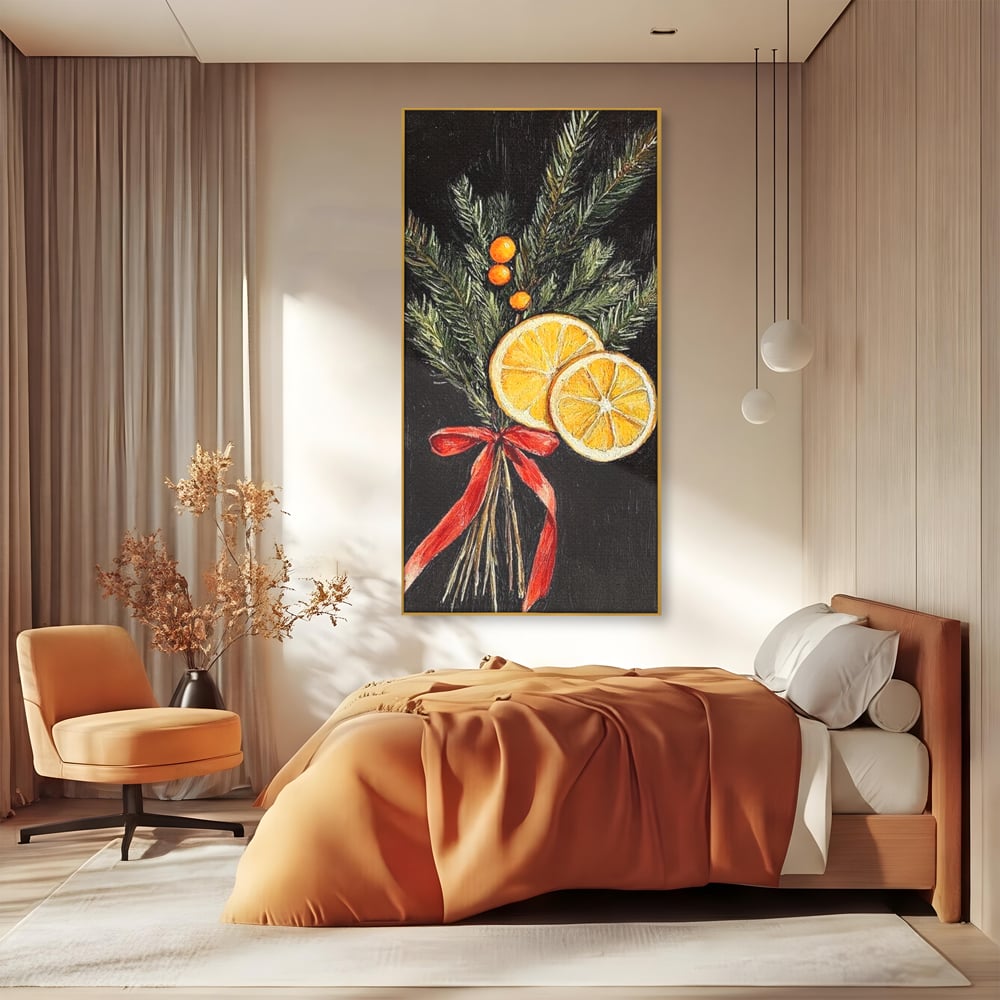 Tablou Canvas Premium LuxCanva® D1015, Ramuri Aromate de Brad , Ramuri, Brad, Portocale, Miros, Living Room, Culori vibrante