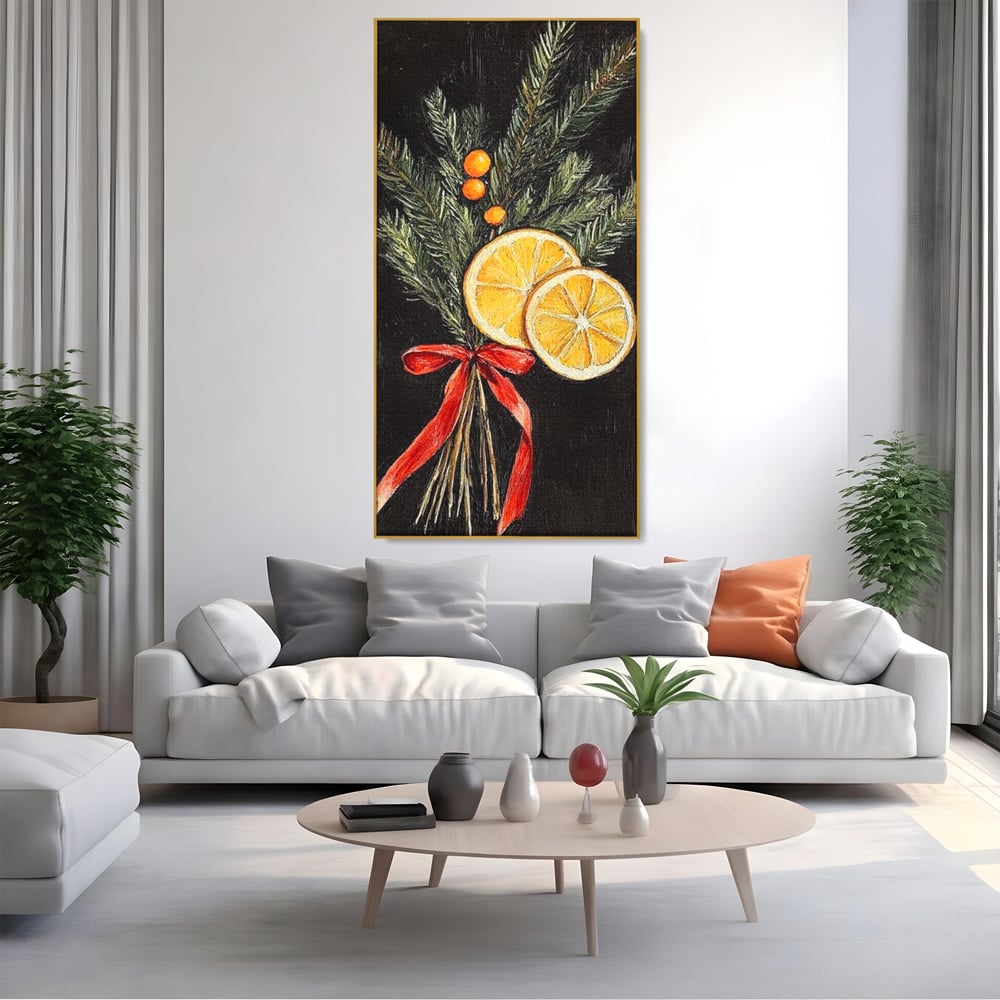 Tablou Canvas Premium LuxCanva® D1015, Ramuri Aromate de Brad , Ramuri, Brad, Portocale, Miros, Living Room, Culori vibrante