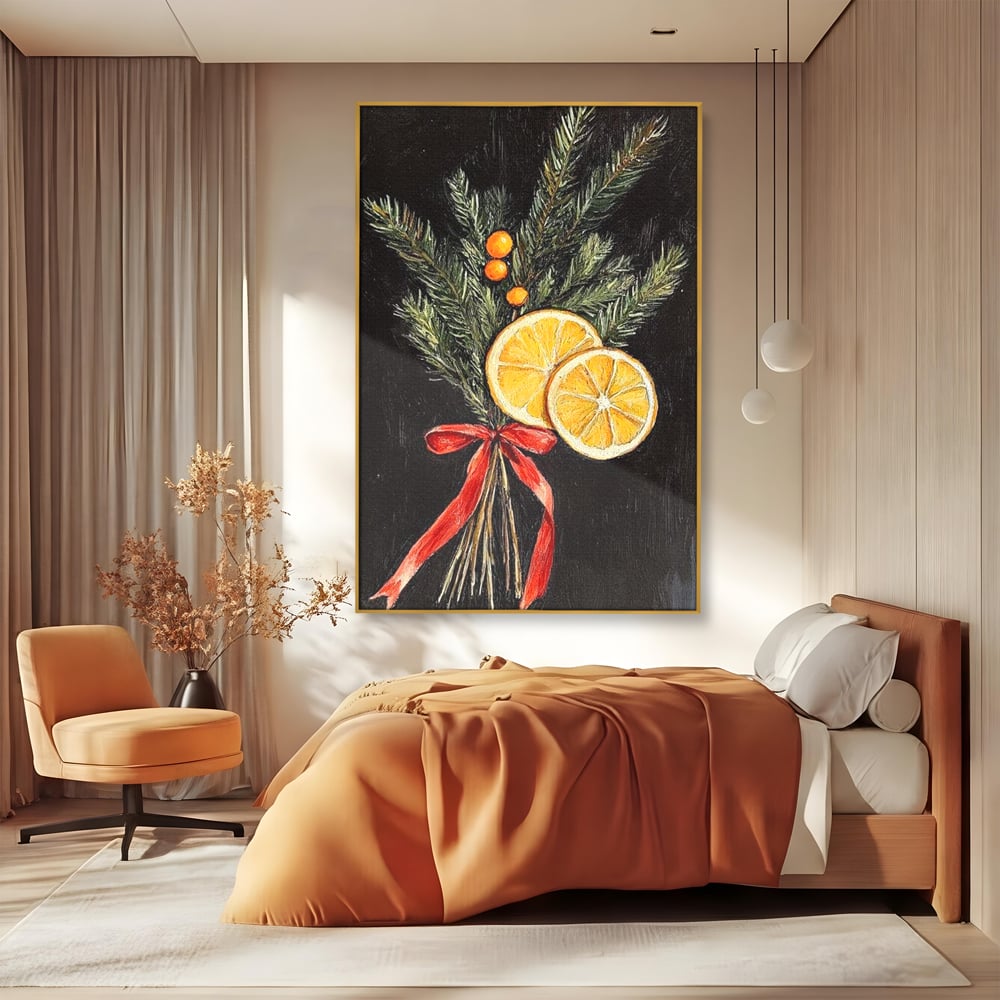 Tablou Canvas Premium LuxCanva® D1015, Ramuri Aromate de Brad , Ramuri, Brad, Portocale, Miros, Living Room, Culori vibrante