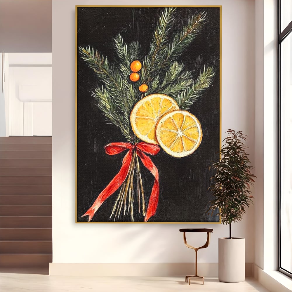 Tablou Canvas Premium LuxCanva® D1015, Ramuri Aromate de Brad , Ramuri, Brad, Portocale, Miros, Living Room, Culori vibrante