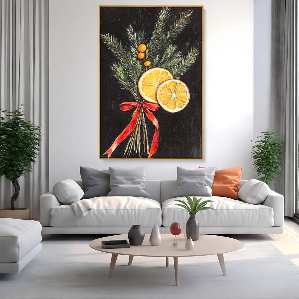 Tablou Canvas Premium LuxCanva® D1015, Ramuri Aromate de Brad , Ramuri, Brad, Portocale, Miros, Living Room, Culori vibrante