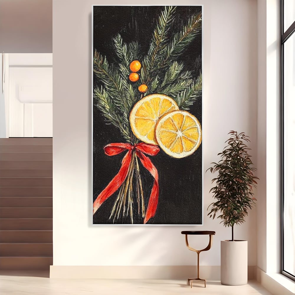 Tablou Canvas Premium LuxCanva® D1015, Ramuri Aromate de Brad , Ramuri, Brad, Portocale, Miros, Living Room, Culori vibrante