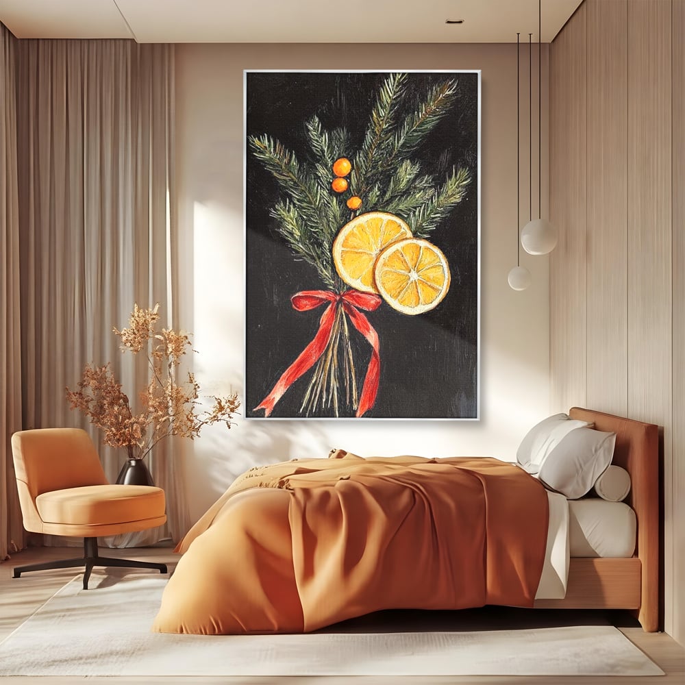 Tablou Canvas Premium LuxCanva® D1015, Ramuri Aromate de Brad , Ramuri, Brad, Portocale, Miros, Living Room, Culori vibrante