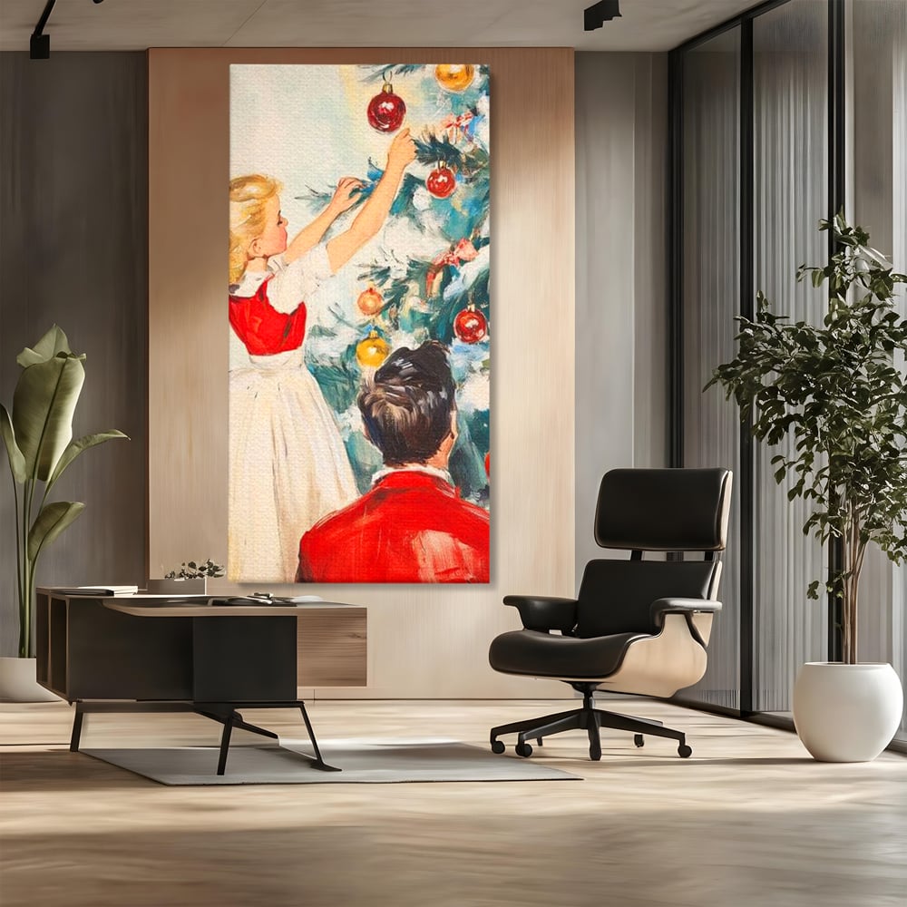 Tablou Canvas Premium LuxCanva® D1016, Fetita Impodobind Bradul , Ramuri, Brad, Impodobit, Familie, Globuri, Living Room, Culori vibrante