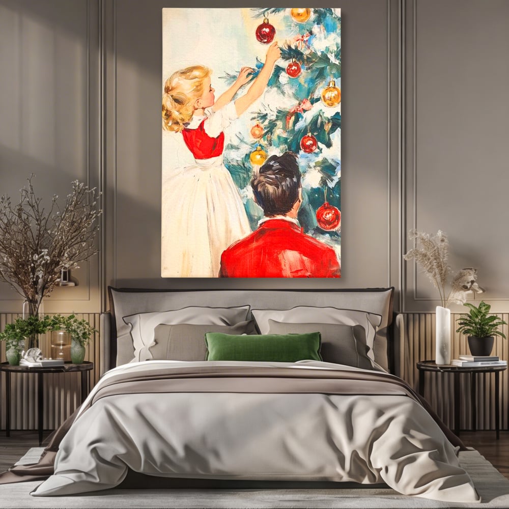 Tablou Canvas Premium LuxCanva® D1016, Fetita Impodobind Bradul , Ramuri, Brad, Impodobit, Familie, Globuri, Living Room, Culori vibrante