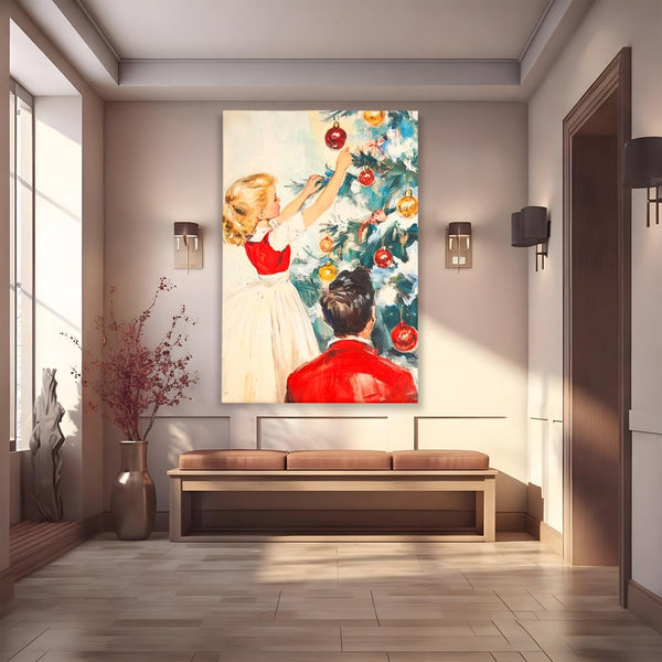 Tablou Canvas Premium LuxCanva® D1016, Fetita Impodobind Bradul , Ramuri, Brad, Impodobit, Familie, Globuri, Living Room, Culori vibrante