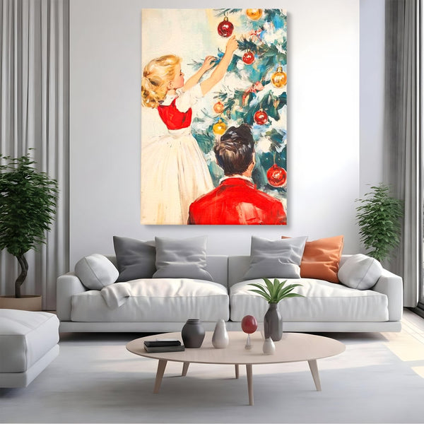 Tablou Canvas Premium LuxCanva® D1016, Fetita Impodobind Bradul , Ramuri, Brad, Impodobit, Familie, Globuri, Living Room, Culori vibrante
