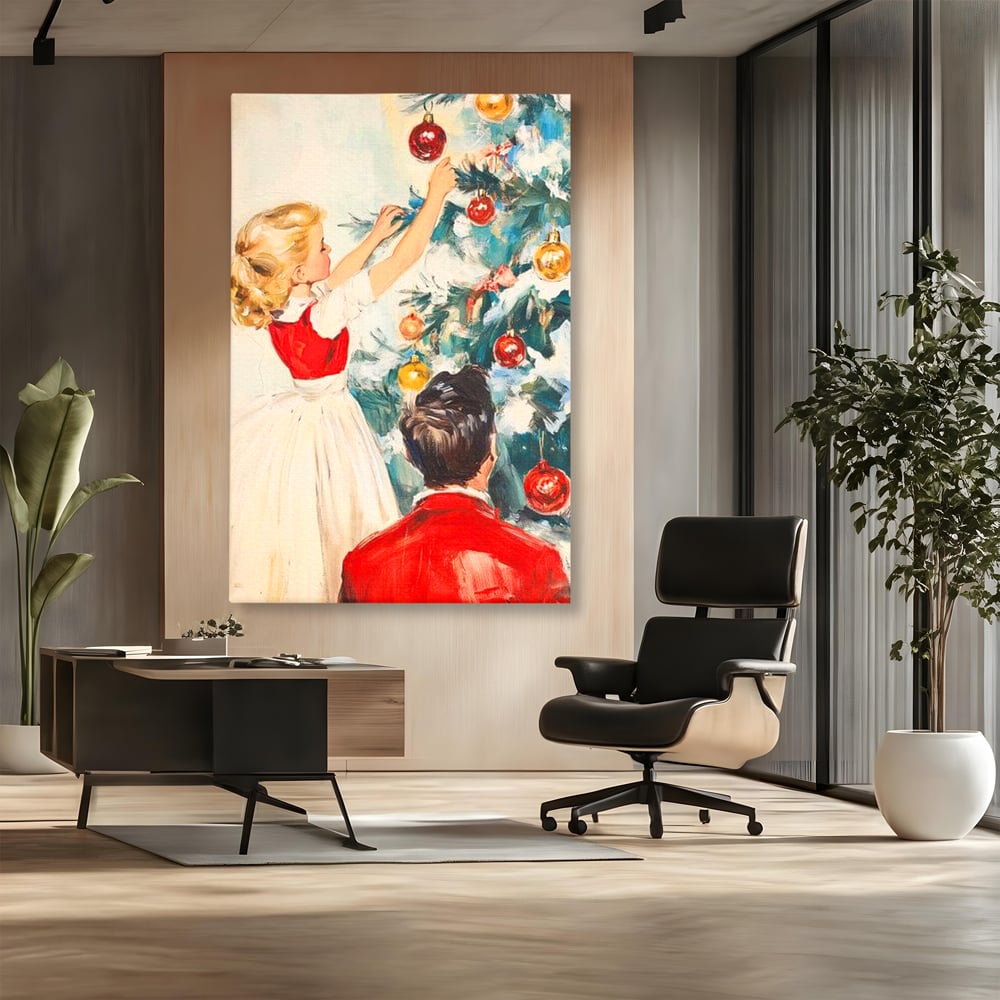 Tablou Canvas Premium LuxCanva® D1016, Fetita Impodobind Bradul , Ramuri, Brad, Impodobit, Familie, Globuri, Living Room, Culori vibrante