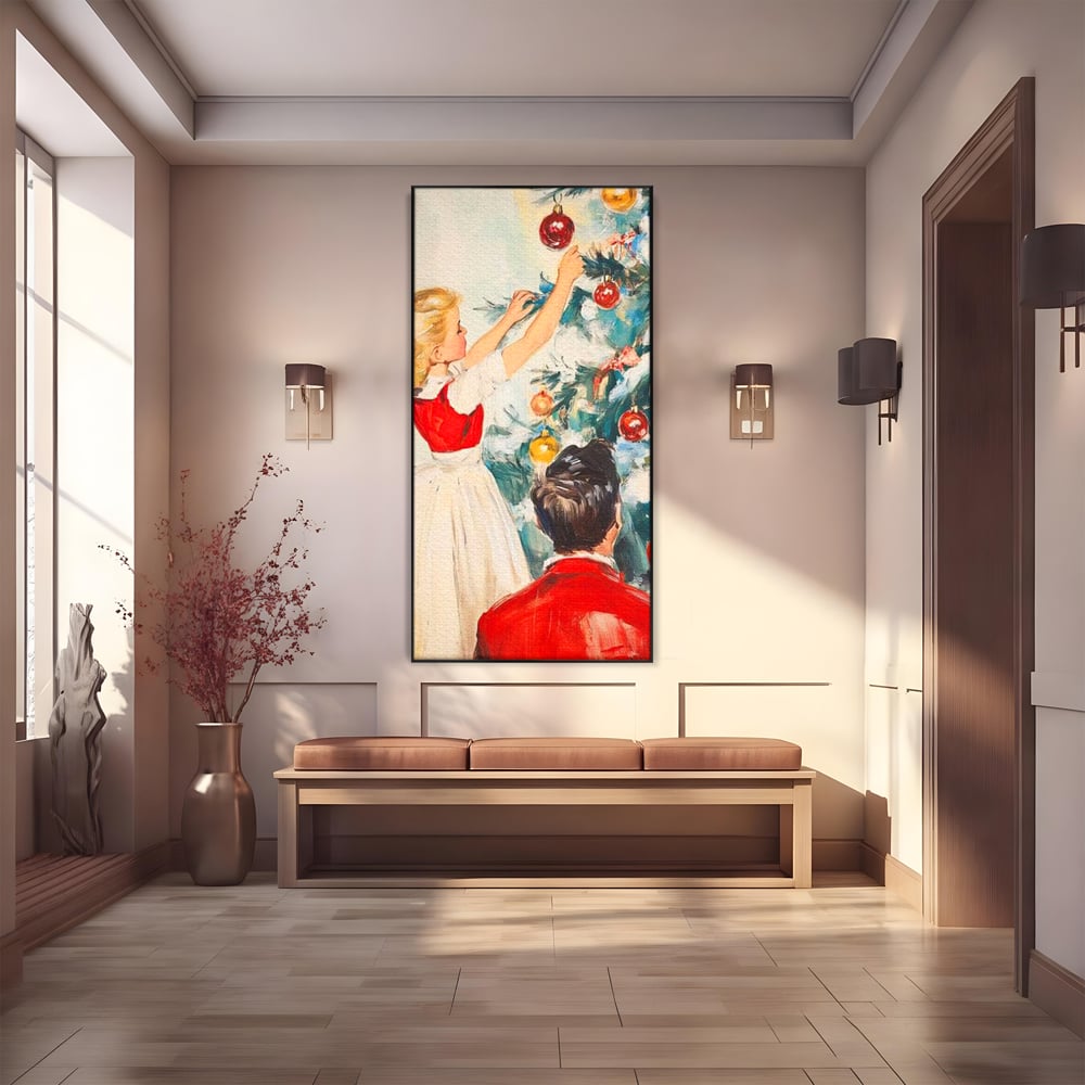 Tablou Canvas Premium LuxCanva® D1016, Fetita Impodobind Bradul , Ramuri, Brad, Impodobit, Familie, Globuri, Living Room, Culori vibrante