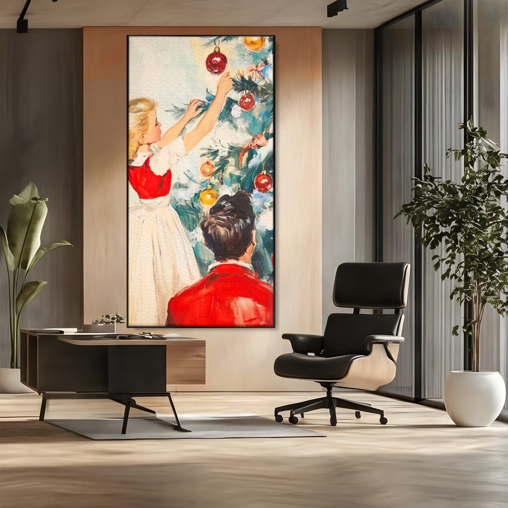 Tablou Canvas Premium LuxCanva® D1016, Fetita Impodobind Bradul , Ramuri, Brad, Impodobit, Familie, Globuri, Living Room, Culori vibrante
