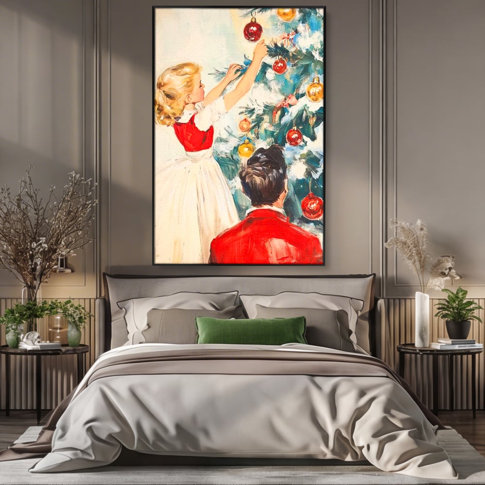 Tablou Canvas Premium LuxCanva® D1016, Fetita Impodobind Bradul , Ramuri, Brad, Impodobit, Familie, Globuri, Living Room, Culori vibrante