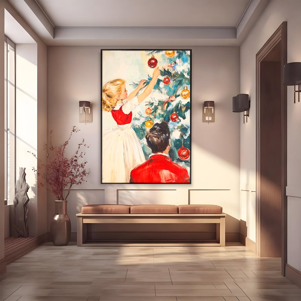 Tablou Canvas Premium LuxCanva® D1016, Fetita Impodobind Bradul , Ramuri, Brad, Impodobit, Familie, Globuri, Living Room, Culori vibrante