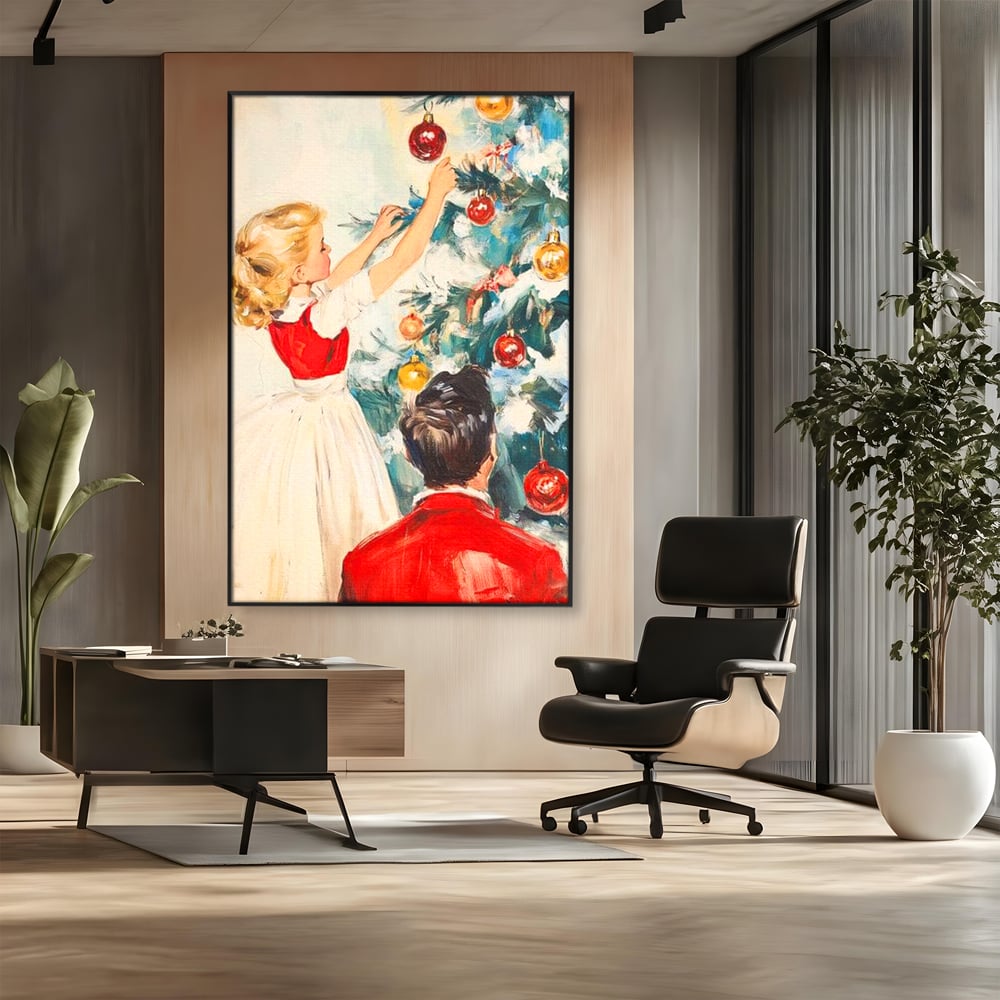 Tablou Canvas Premium LuxCanva® D1016, Fetita Impodobind Bradul , Ramuri, Brad, Impodobit, Familie, Globuri, Living Room, Culori vibrante