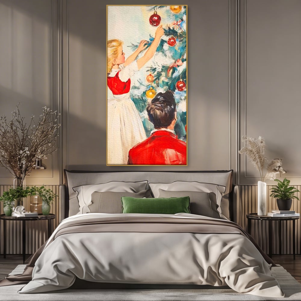 Tablou Canvas Premium LuxCanva® D1016, Fetita Impodobind Bradul , Ramuri, Brad, Impodobit, Familie, Globuri, Living Room, Culori vibrante