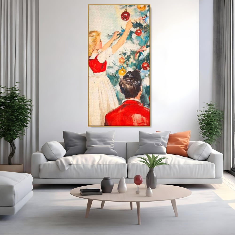 Tablou Canvas Premium LuxCanva® D1016, Fetita Impodobind Bradul , Ramuri, Brad, Impodobit, Familie, Globuri, Living Room, Culori vibrante