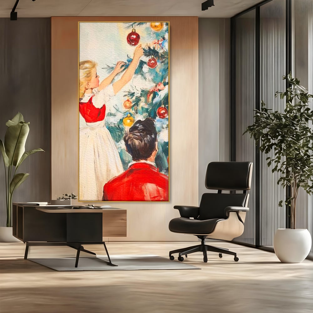 Tablou Canvas Premium LuxCanva® D1016, Fetita Impodobind Bradul , Ramuri, Brad, Impodobit, Familie, Globuri, Living Room, Culori vibrante