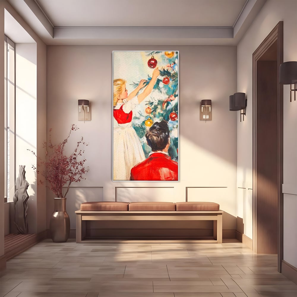 Tablou Canvas Premium LuxCanva® D1016, Fetita Impodobind Bradul , Ramuri, Brad, Impodobit, Familie, Globuri, Living Room, Culori vibrante