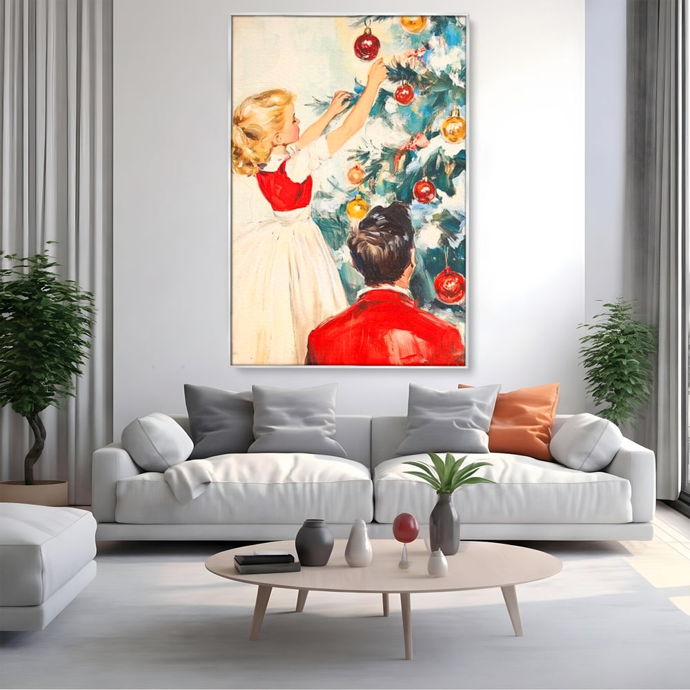 Tablou Canvas Premium LuxCanva® D1016, Fetita Impodobind Bradul , Ramuri, Brad, Impodobit, Familie, Globuri, Living Room, Culori vibrante