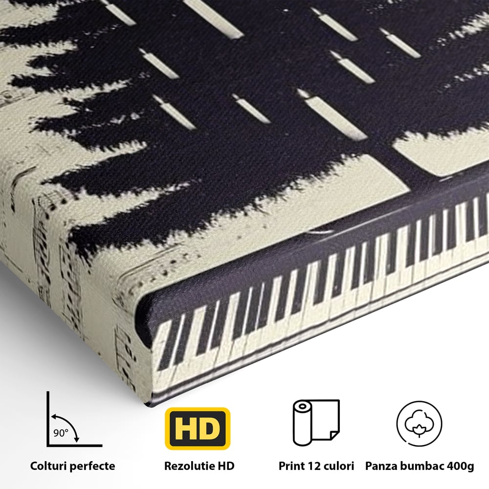 Tablou Canvas Premium LuxCanva® D1017, Bradul de pe Pian , Brad, Abstract, Negru, Pian, Clape, Living Room, Culori vibrante