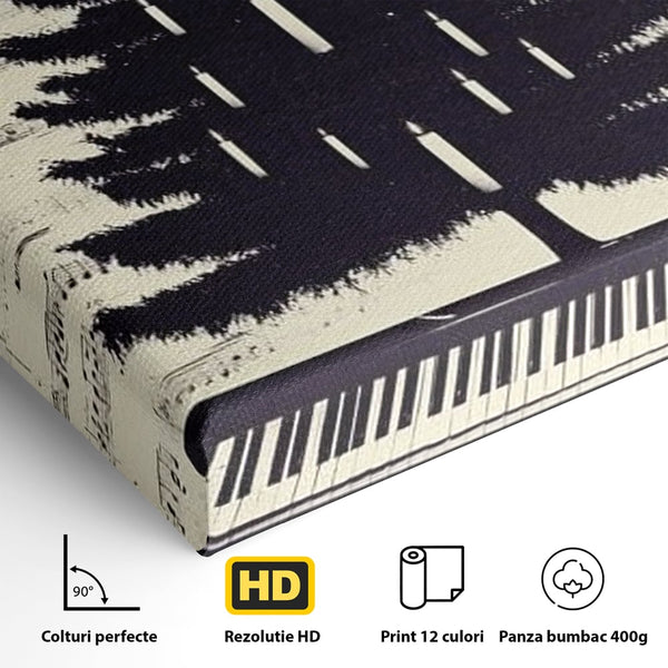 Tablou Canvas Premium LuxCanva® D1017, Bradul de pe Pian , Brad, Abstract, Negru, Pian, Clape, Living Room, Culori vibrante