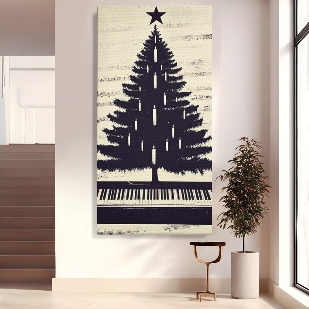 Tablou Canvas Premium LuxCanva® D1017, Bradul de pe Pian , Brad, Abstract, Negru, Pian, Clape, Living Room, Culori vibrante