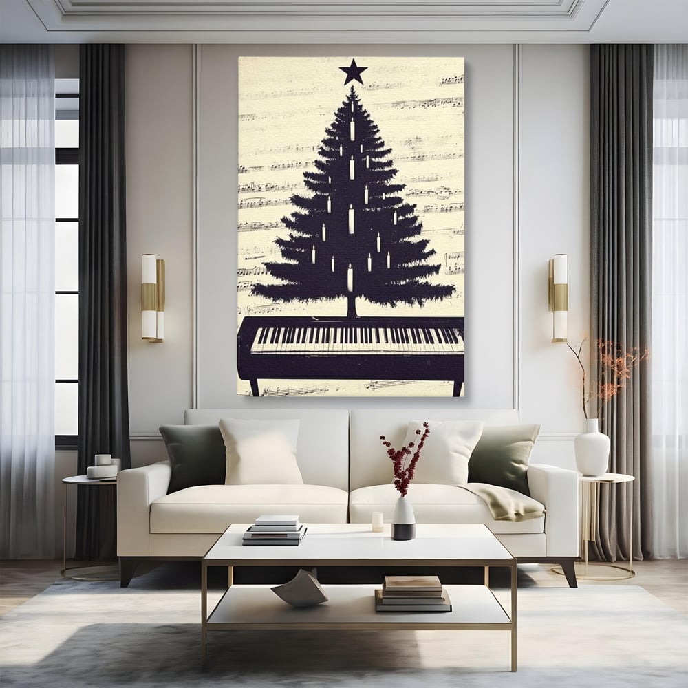 Tablou Canvas Premium LuxCanva® D1017, Bradul de pe Pian , Brad, Abstract, Negru, Pian, Clape, Living Room, Culori vibrante