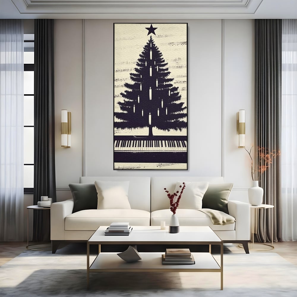 Tablou Canvas Premium LuxCanva® D1017, Bradul de pe Pian , Brad, Abstract, Negru, Pian, Clape, Living Room, Culori vibrante