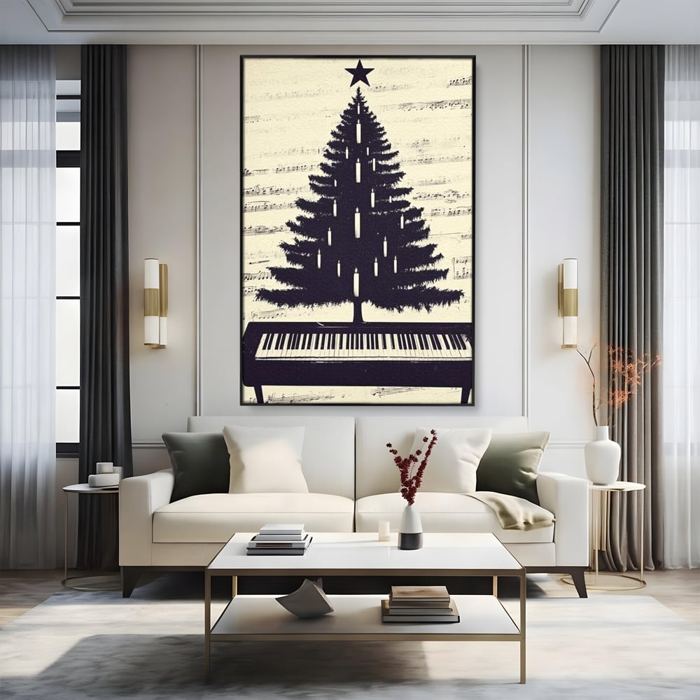 Tablou Canvas Premium LuxCanva® D1017, Bradul de pe Pian , Brad, Abstract, Negru, Pian, Clape, Living Room, Culori vibrante