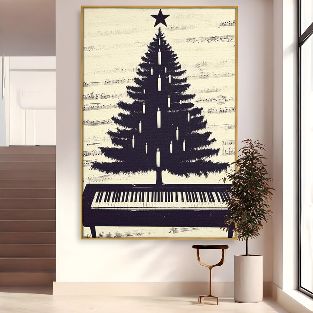 Tablou Canvas Premium LuxCanva® D1017, Bradul de pe Pian , Brad, Abstract, Negru, Pian, Clape, Living Room, Culori vibrante