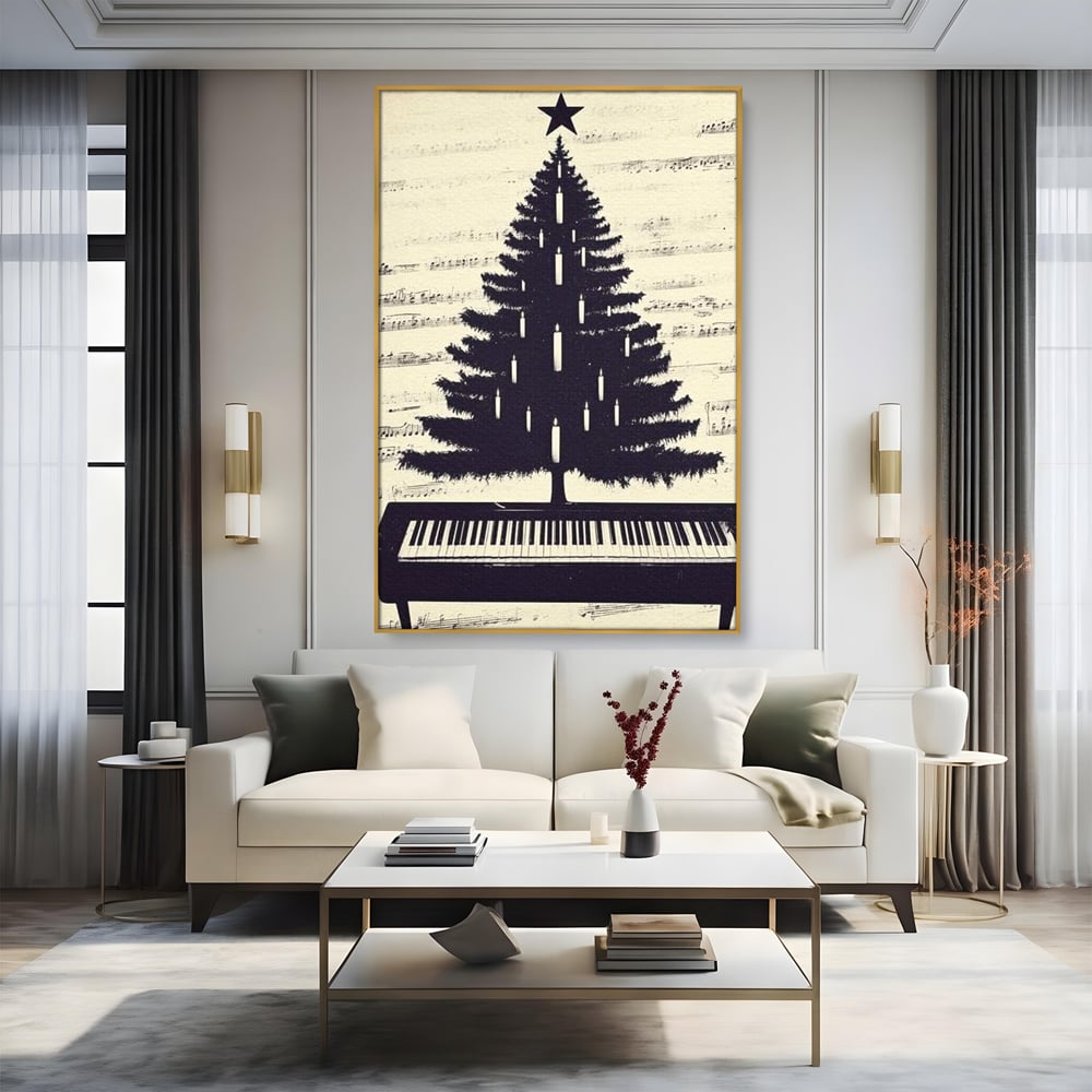 Tablou Canvas Premium LuxCanva® D1017, Bradul de pe Pian , Brad, Abstract, Negru, Pian, Clape, Living Room, Culori vibrante