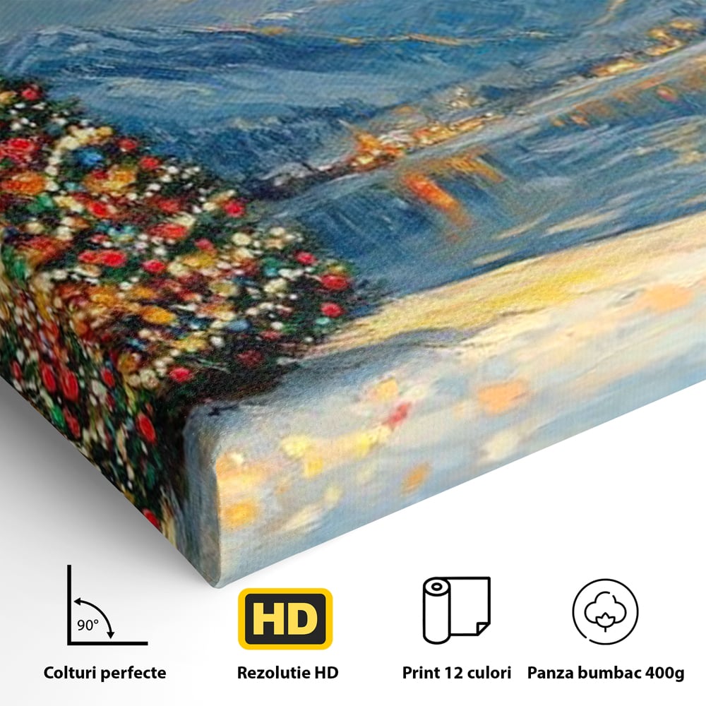 Tablou Canvas Premium LuxCanva® D1018, Luminile Magice ale Craciunului ,  Brad, Beculete, Lac, Sat, Stralucire, Living Room, Culori vibrante