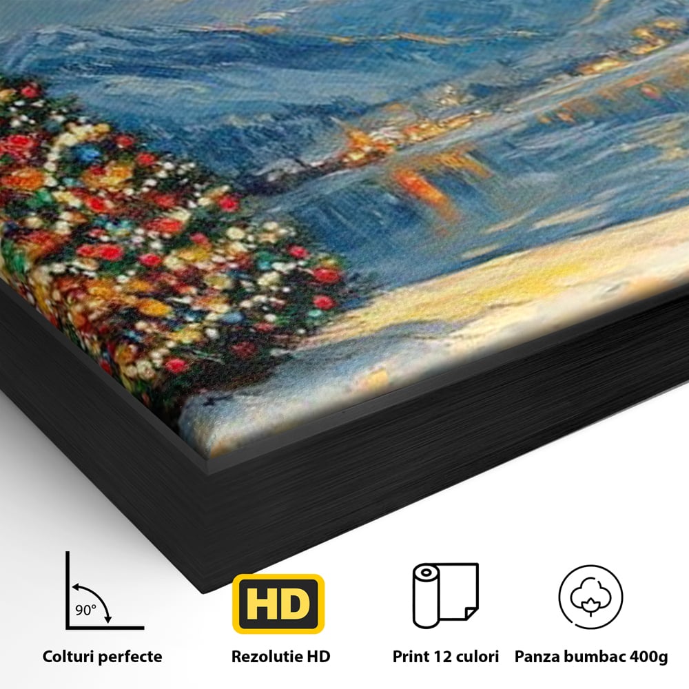 Tablou Canvas Premium LuxCanva® D1018, Luminile Magice ale Craciunului ,  Brad, Beculete, Lac, Sat, Stralucire, Living Room, Culori vibrante