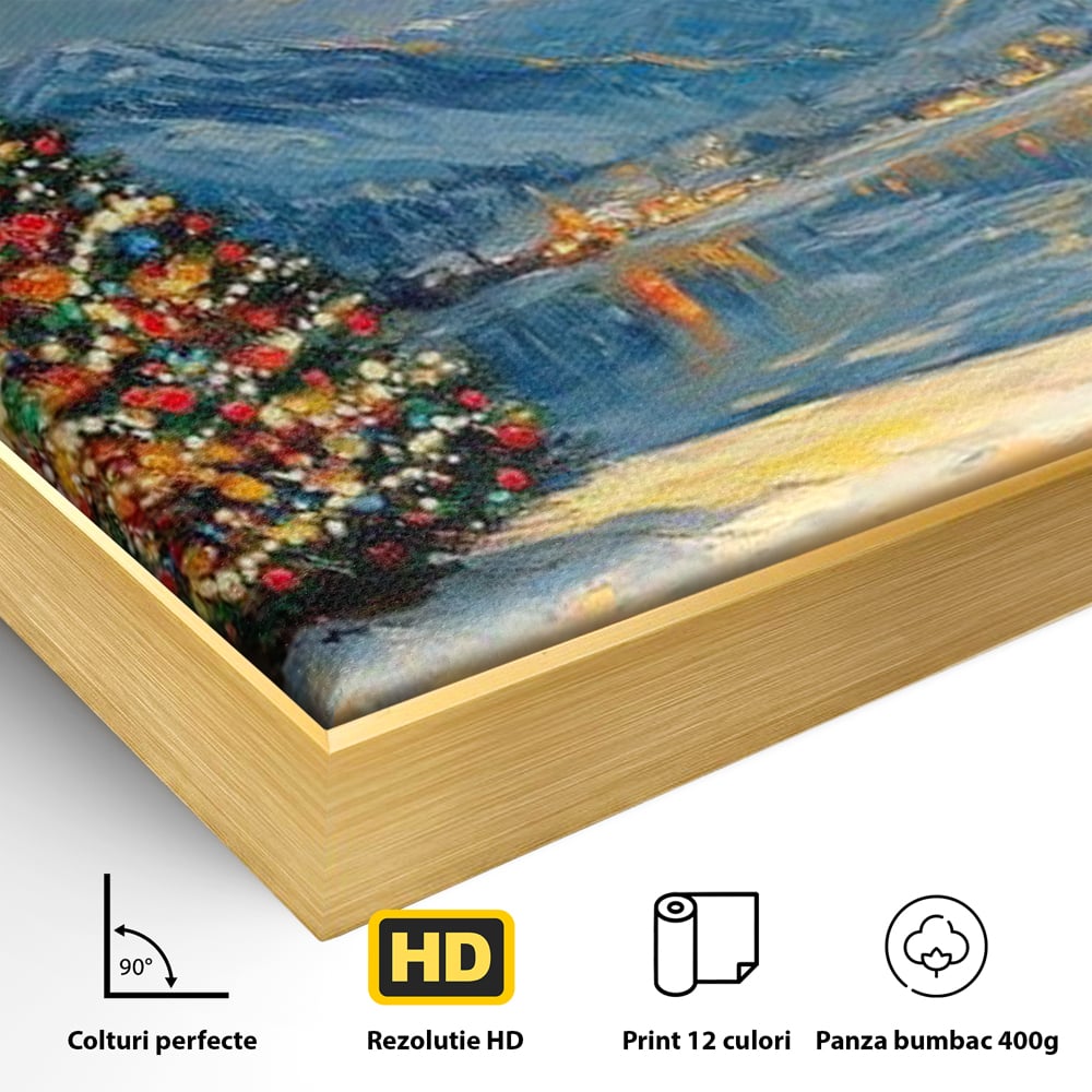 Tablou Canvas Premium LuxCanva® D1018, Luminile Magice ale Craciunului ,  Brad, Beculete, Lac, Sat, Stralucire, Living Room, Culori vibrante