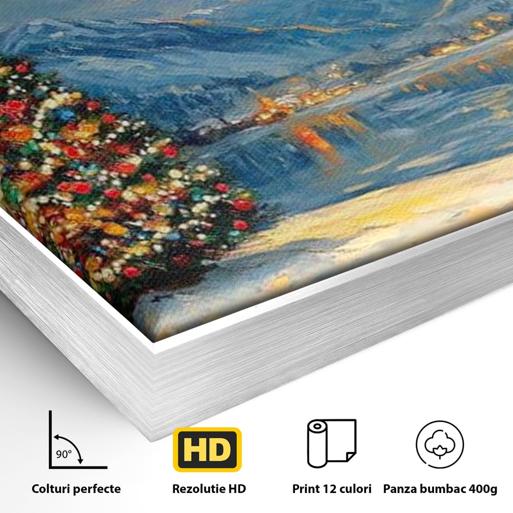 Tablou Canvas Premium LuxCanva® D1018, Luminile Magice ale Craciunului ,  Brad, Beculete, Lac, Sat, Stralucire, Living Room, Culori vibrante