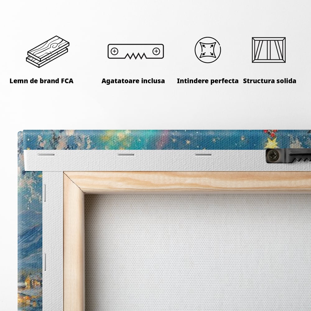 Tablou Canvas Premium LuxCanva® D1018, Luminile Magice ale Craciunului ,  Brad, Beculete, Lac, Sat, Stralucire, Living Room, Culori vibrante